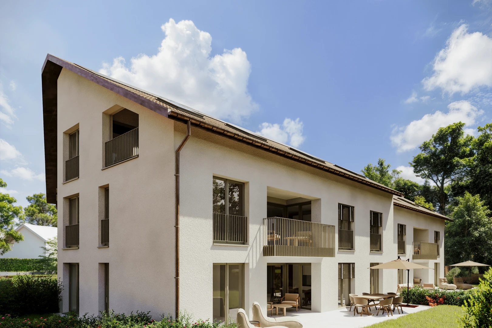 outdoor house with a patio and a balcony