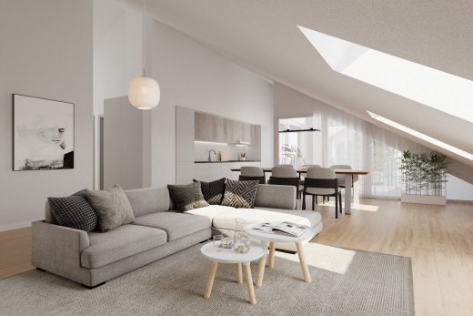 salon / salle à manger avec plafond voûté, plancher de bois, lucarne, et lumière naturelle