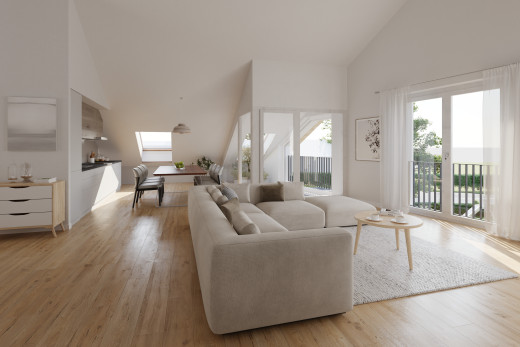 salon avec haut plafond, plancher de bois, lumière naturelle, et lucarne