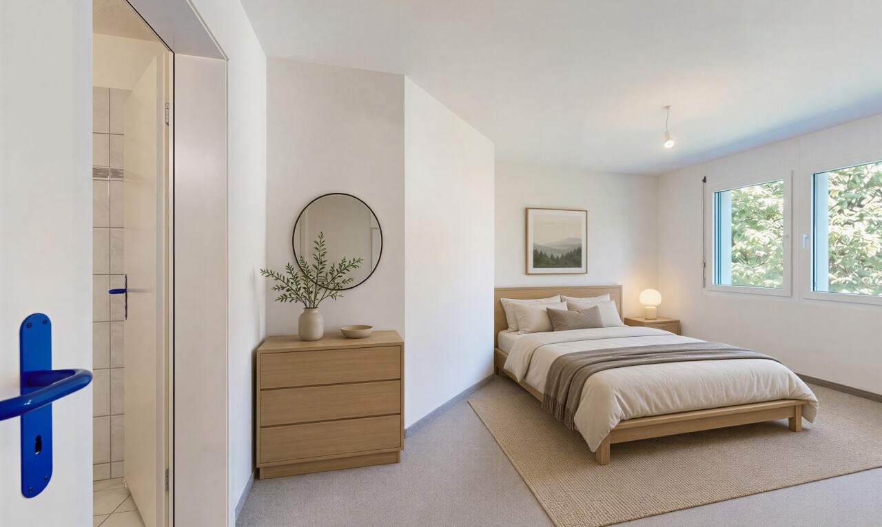 zimmer / schlafzimmer mit carpet, teppich, drywall, gipskartonwand, und inside property