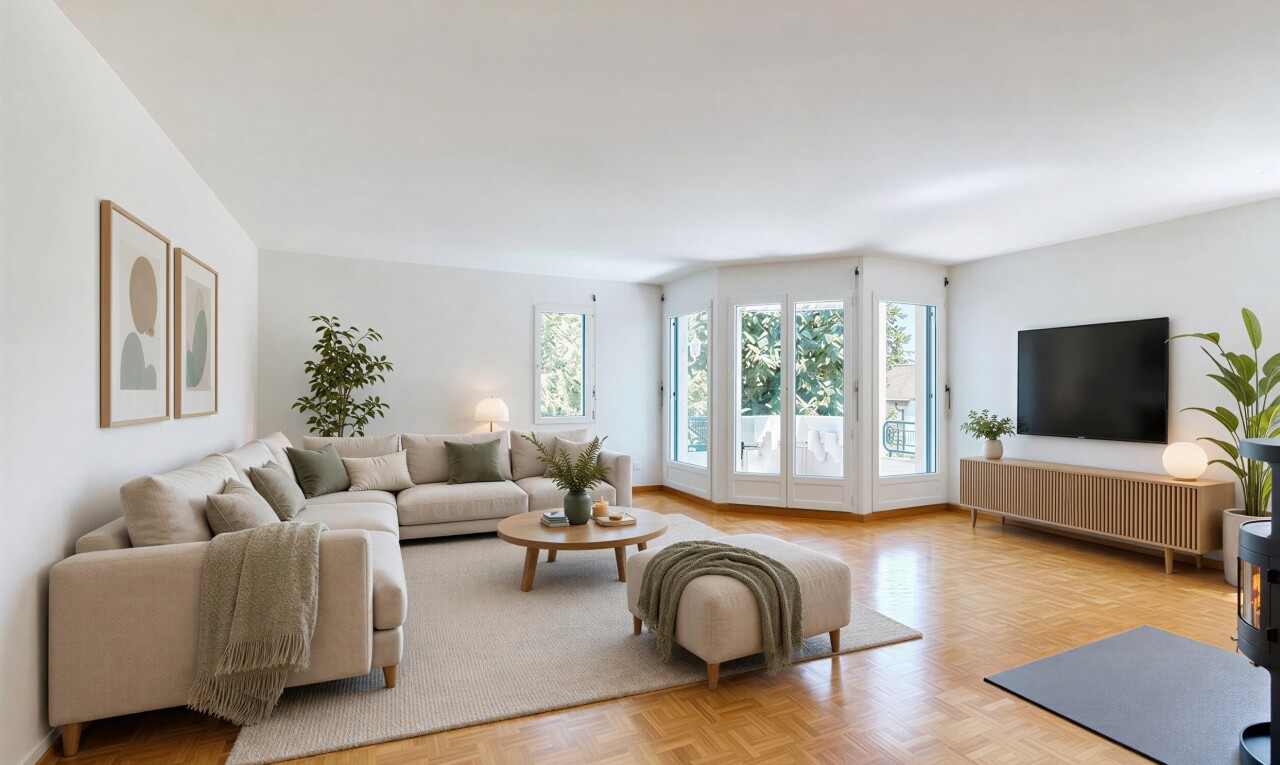 wohnzimmer mit fernseher, drywall, gipskartonwand, wood finish floor, und holzfußboden