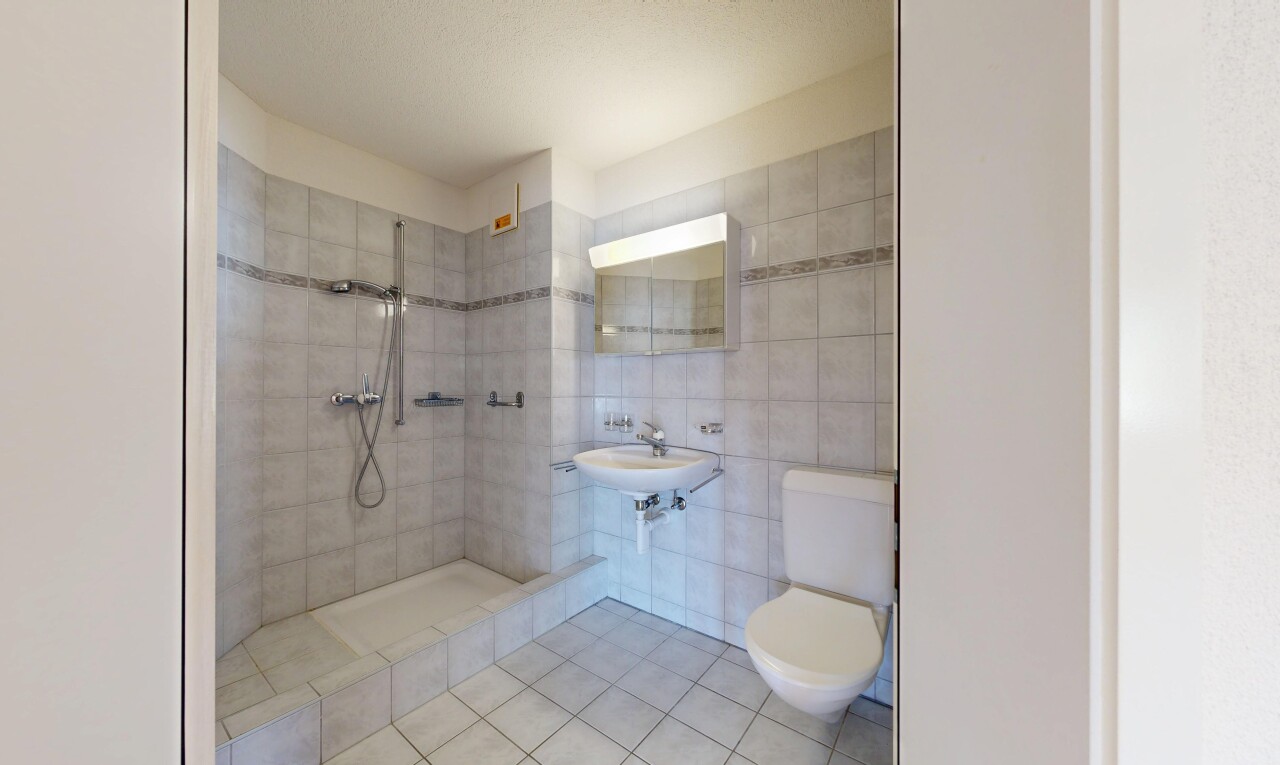 bad mit spiegel, dusche, komplettes badezimmer, toilette, und tile wall