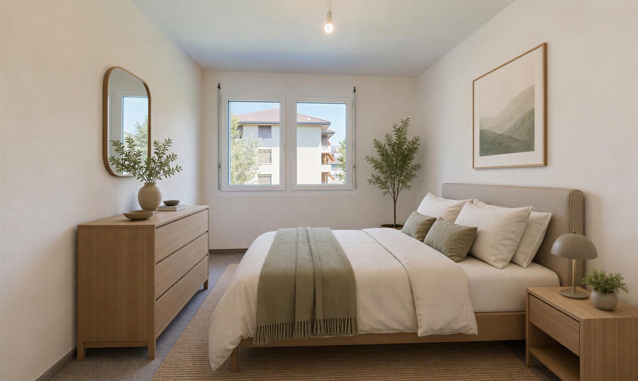 zimmer / schlafzimmer mit gipskartonwand, drywall, virtually staged, teppich, und carpet