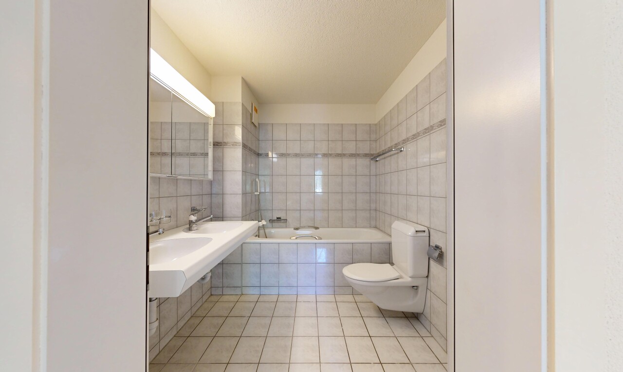 bad mit tile wall, fliesenwand, komplettes badezimmer, toilette, und spiegel