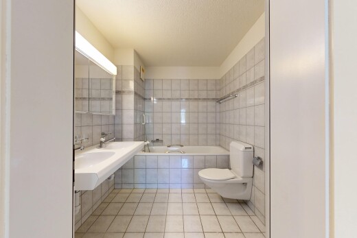 bad mit tile wall, fliesenwand, komplettes badezimmer, toilette, und spiegel