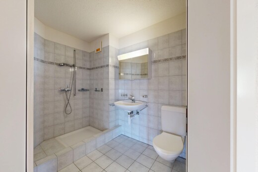 bad mit spiegel, dusche, komplettes badezimmer, toilette, und tile wall
