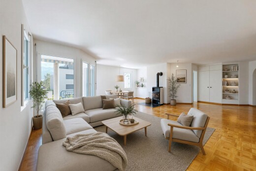 living area with built in features, parquet flooring, a wood stove, and decorative light fixtures