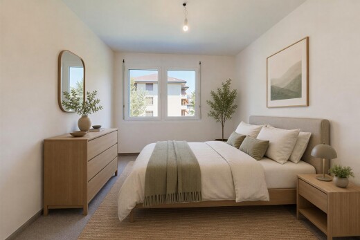 zimmer / schlafzimmer mit gipskartonwand, drywall, virtually staged, teppich, und carpet