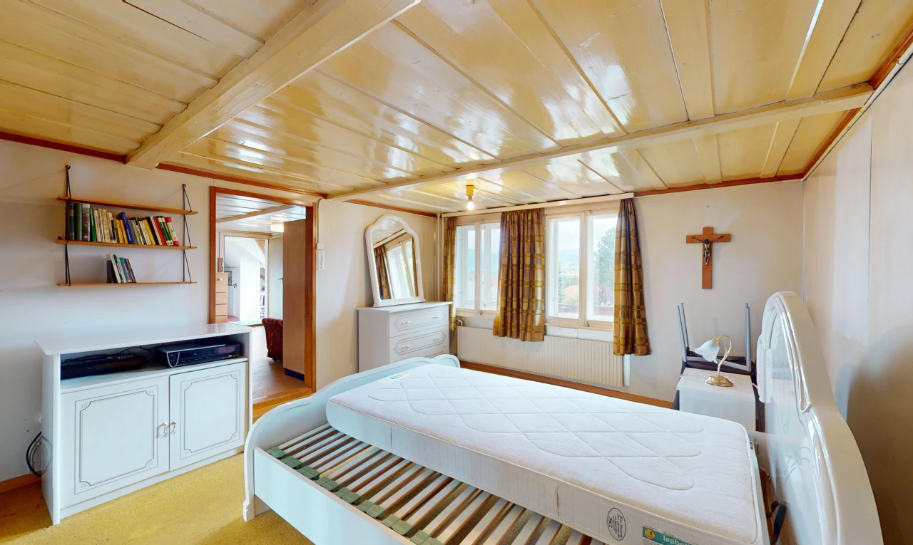 zimmer / schlafzimmer mit teppich, niedrige decke, und natürliches licht