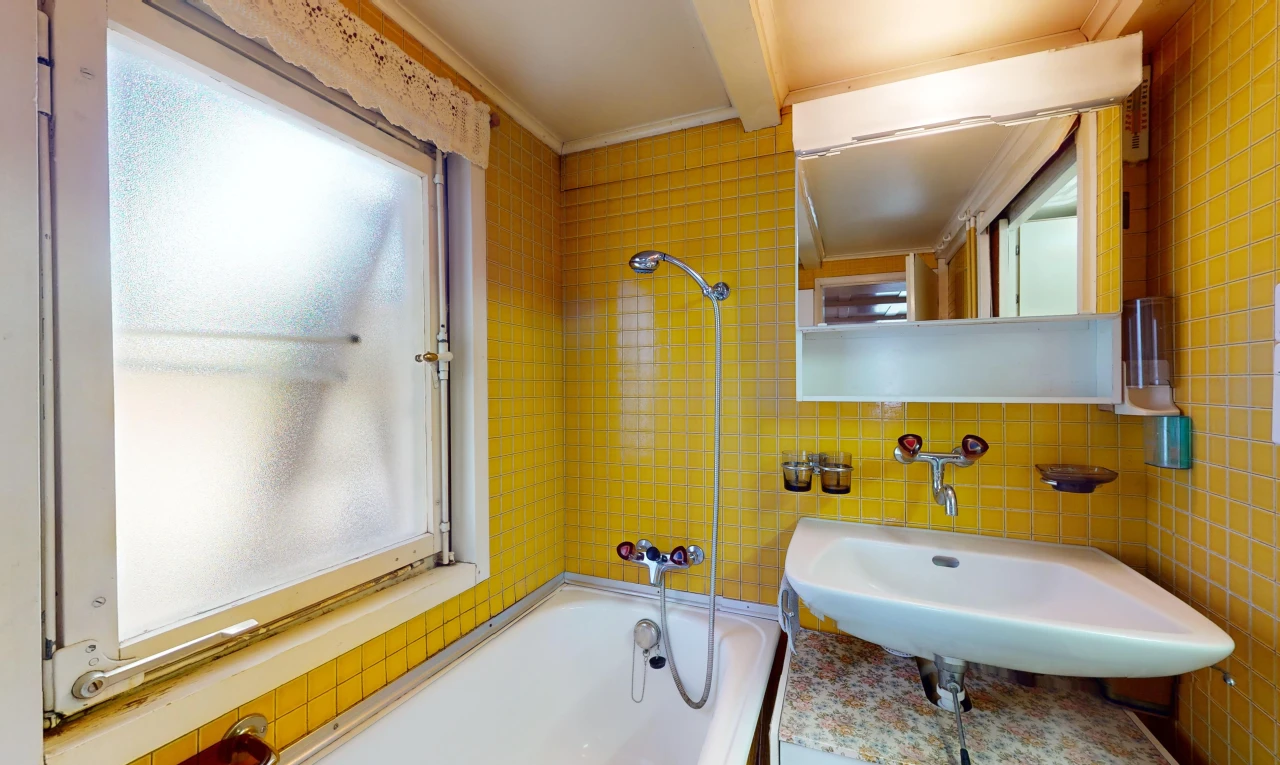 bad mit spiegel, kombiniertes bad / dusche, waschbecken, und natürliches licht