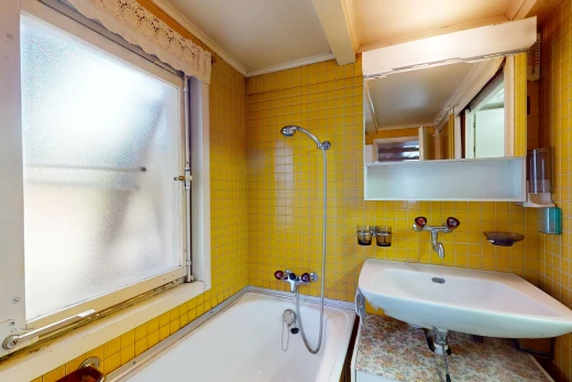 bad mit spiegel, kombiniertes bad / dusche, waschbecken, und natürliches licht