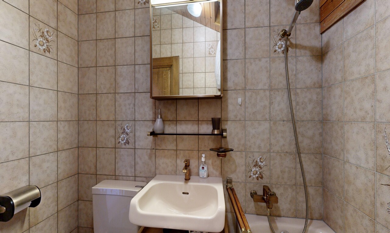bad mit spiegel, waschbecken, inside property, toilette, und komplettes badezimmer
