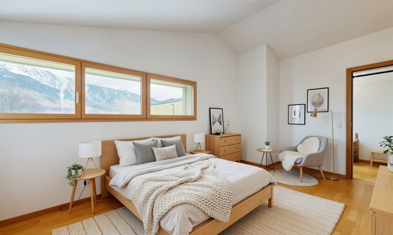 zimmer / schlafzimmer mit holzfußboden, wood finish floor, inside property, gipskartonwand, und drywall