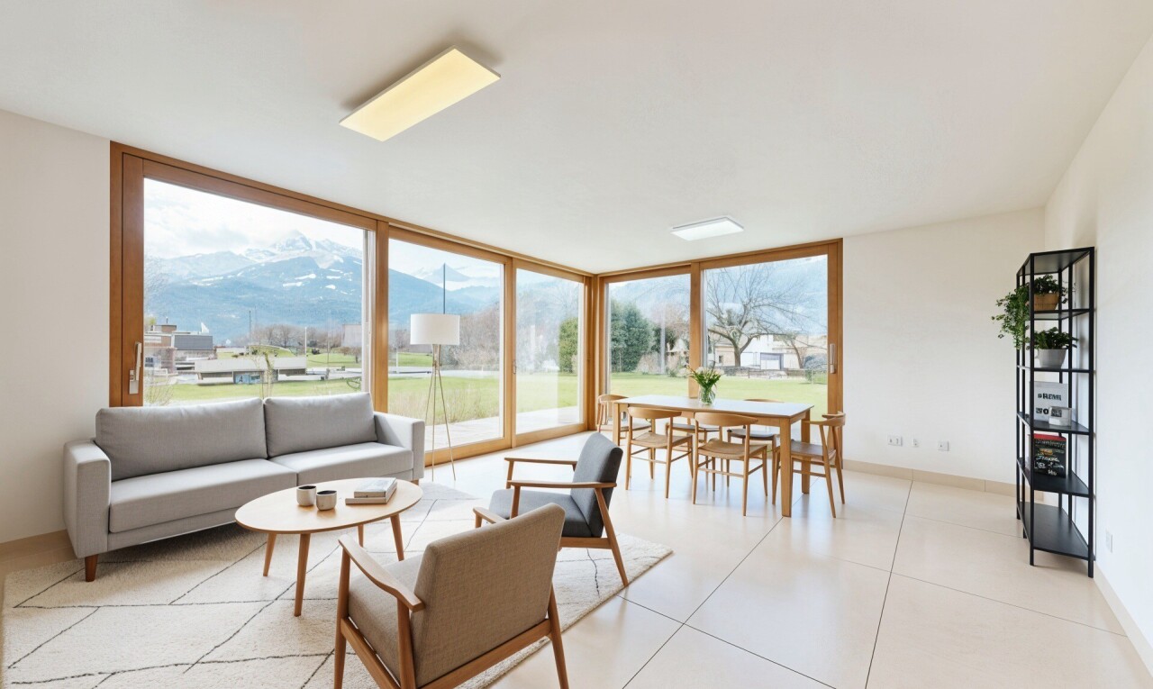 wohn- / esszimmer mit floor ceiling windows, bodendeckenfenster, drywall, gipskartonwand, und blick auf die berge