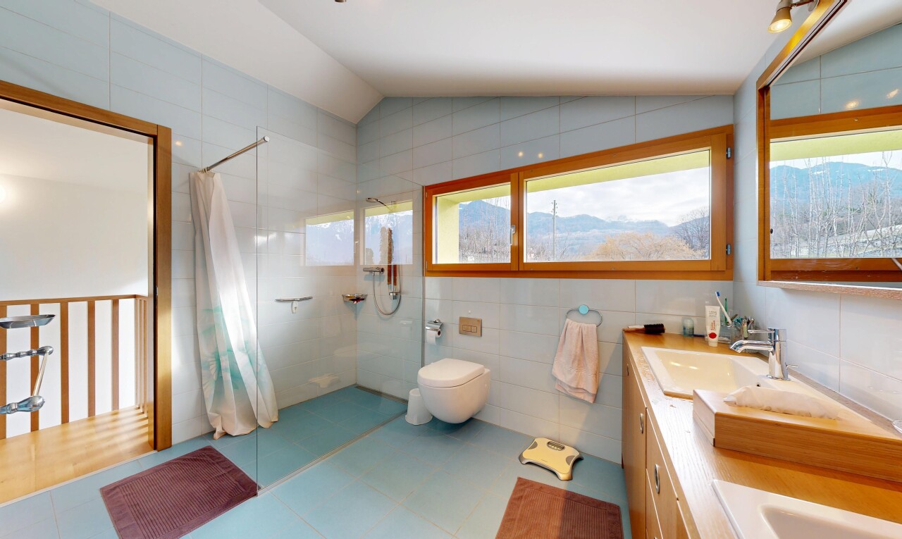 bad mit dusche, komplettes badezimmer, doppelwaschtisch, natural light, und natürliches licht