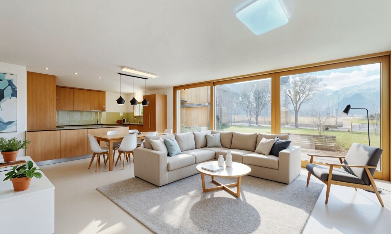 wohn- / esszimmer mit natural light, natürliches licht, inside property, rendered, und floor ceiling windows
