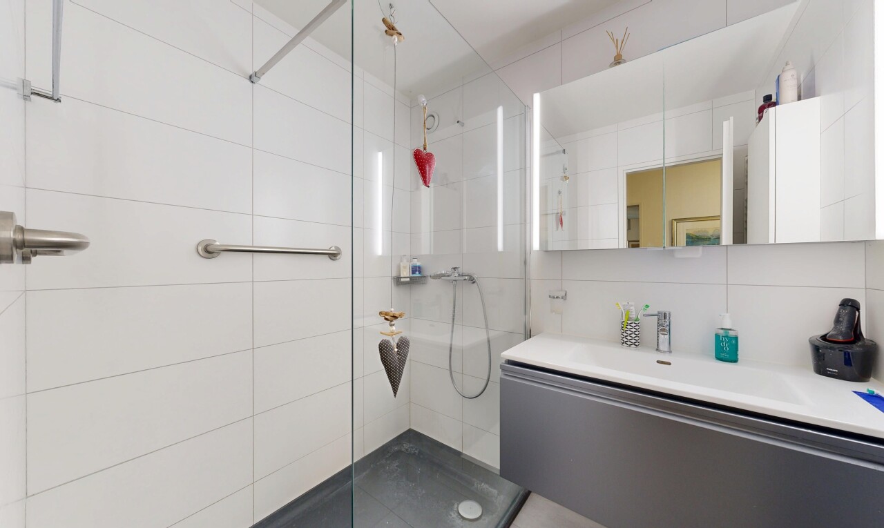bad mit schminktisch, spiegel, komplettes badezimmer, dusche, und inside property