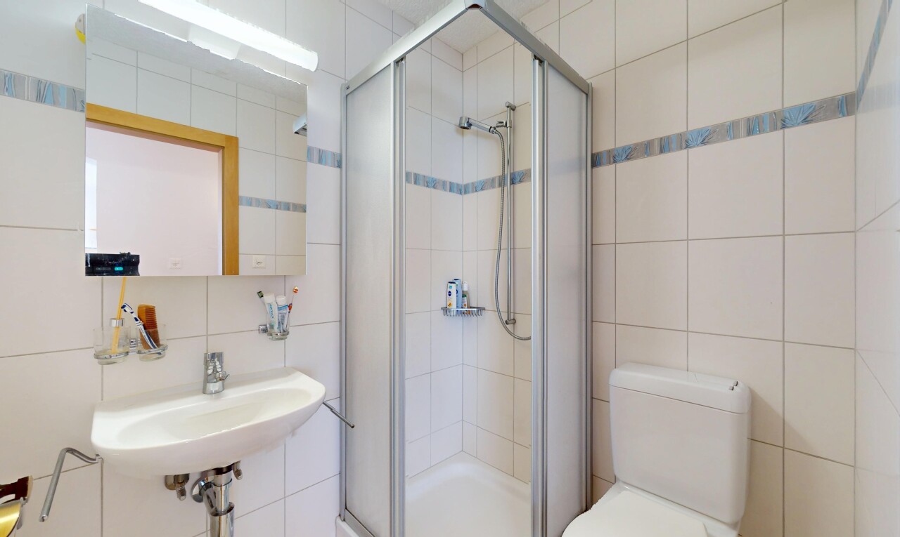 bad mit komplettes badezimmer, dusche, waschbecken, und fliesenwand