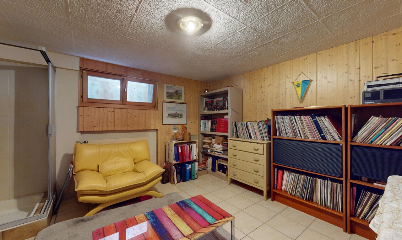 wohnzimmer mit keller, fliesenboden, natürliches licht, und holzwand