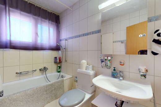 bad mit fliesenwand, waschbecken, natürliches licht, und bad