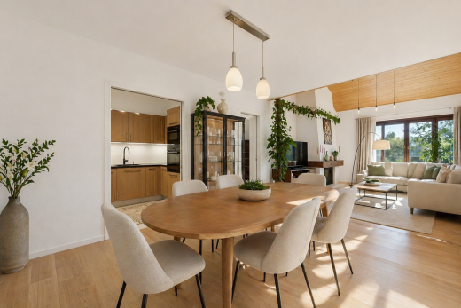 salle à manger avec inside property, wood finish floor, sol en finition bois, drywall, et cloison sèche