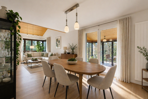 salle à manger avec wood finish floor, sol en finition bois, inside property, natural light, et lumière naturelle