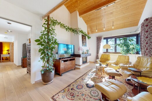 salon avec inside property, natural light, lumière naturelle, télévision, et wood ceiling