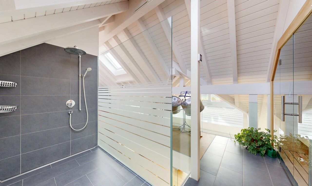 bad mit dusche, komplettes badezimmer, balkendecke, beamed ceiling, und dachschräge