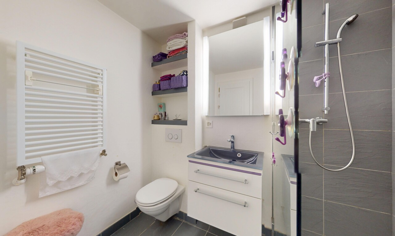 bad mit dusche, schminktisch, toilette, komplettes badezimmer, und fliesenboden