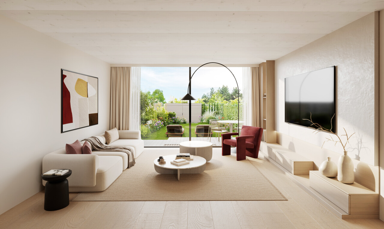 salon avec télévision, inside property, lumière naturelle, natural light, et rendered