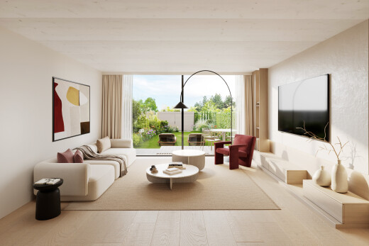 salon avec télévision, inside property, lumière naturelle, natural light, et rendered
