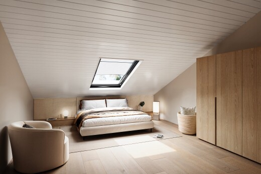 chambre avec pièce supplémentaire, puits de lumière, inside property, vaulted ceiling, et plafond voûté
