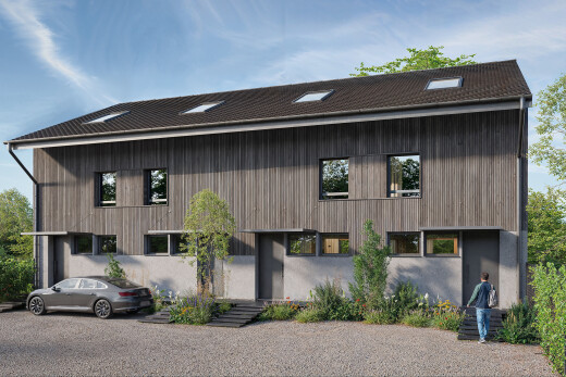 außenansicht mit property visible, holzverkleidung, day time, rendered, und vertikale verkleidung