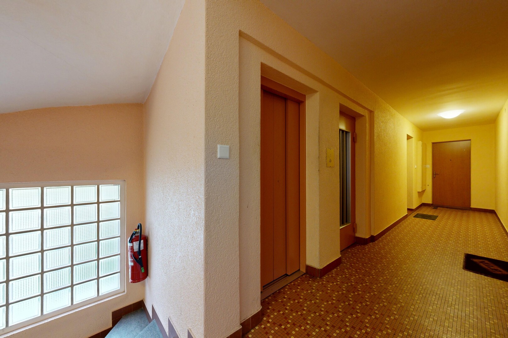 halle / korridor mit teppich, carpet, inside property, aufzug, und sockelleisten