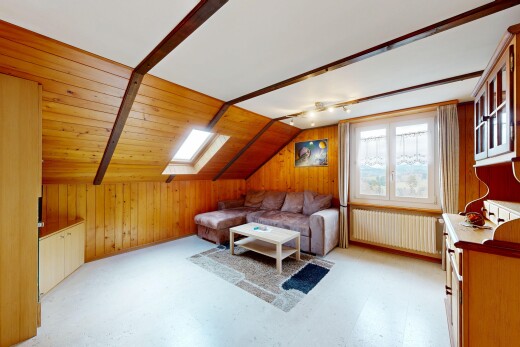 wohnzimmer mit kühler, zusätzliches zimmer, vaulted ceiling, dachschräge, und low ceiling