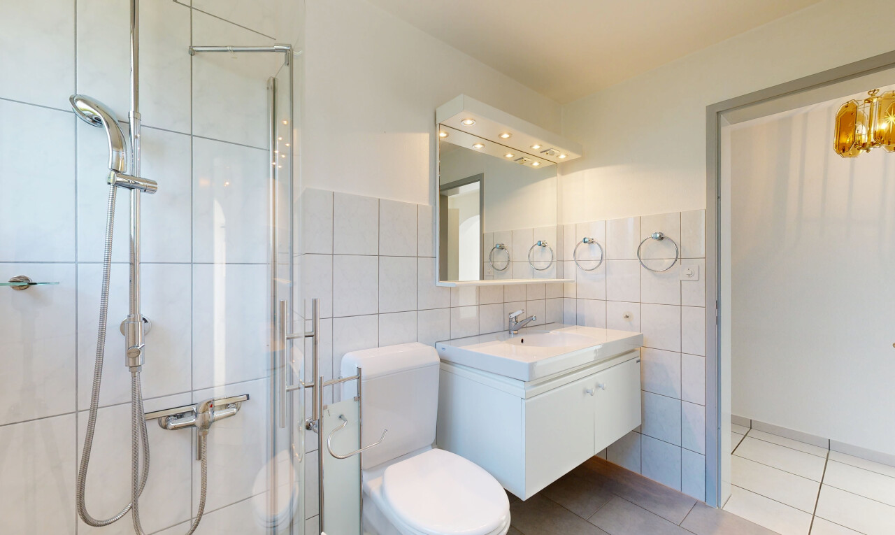 bad mit spiegel, dusche, schminktisch, komplettes badezimmer, und drywall