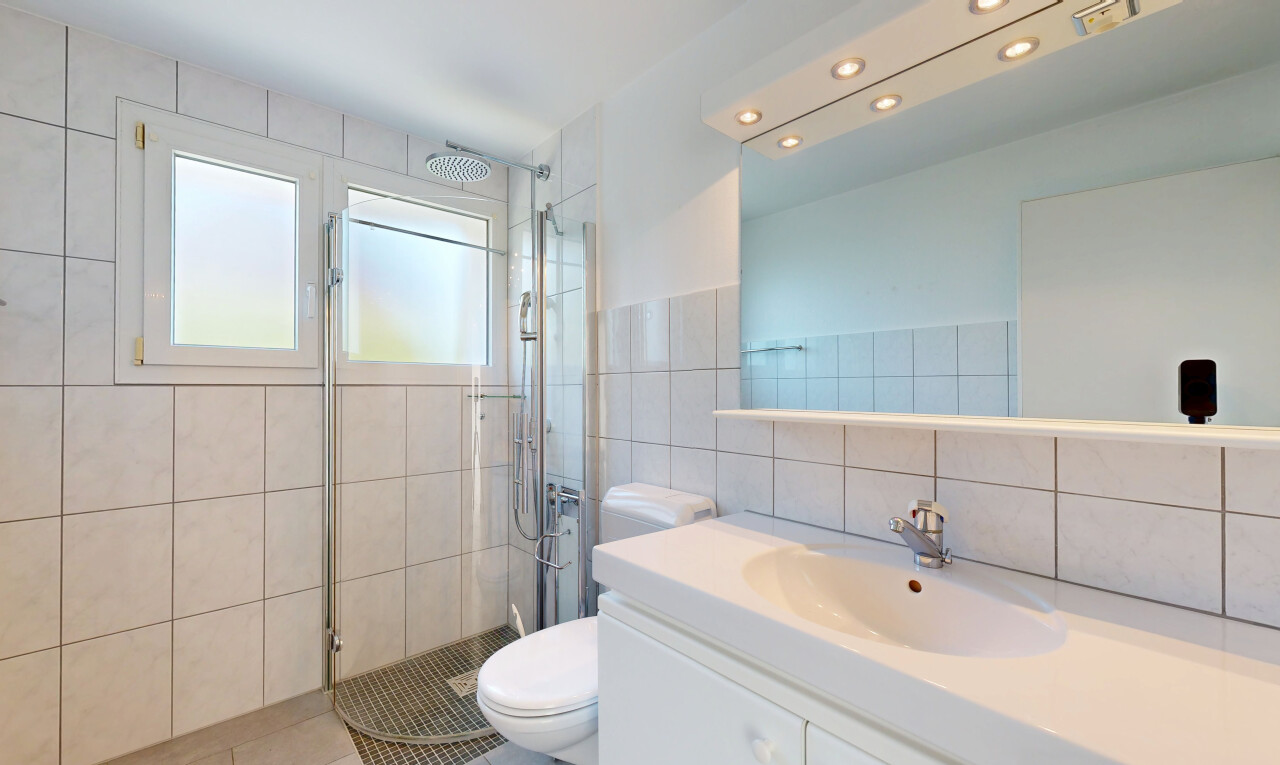 bad mit dusche, toilette, komplettes badezimmer, schminktisch, und waschbecken