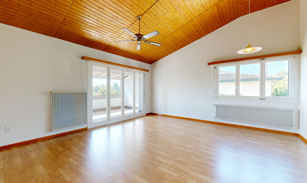leerer raum mit vaulted ceiling, dachschräge, high ceiling, hohe decke, und pendelleuchte