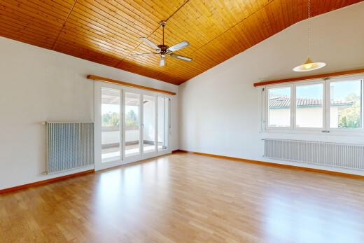 leerer raum mit vaulted ceiling, dachschräge, high ceiling, hohe decke, und pendelleuchte