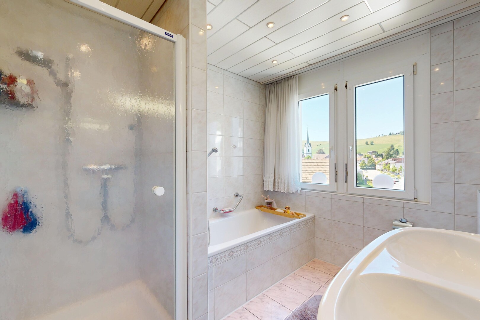 bathroom featuring a stall shower, tile walls, a garden tub, recessed lighting, and light tile patterned floors