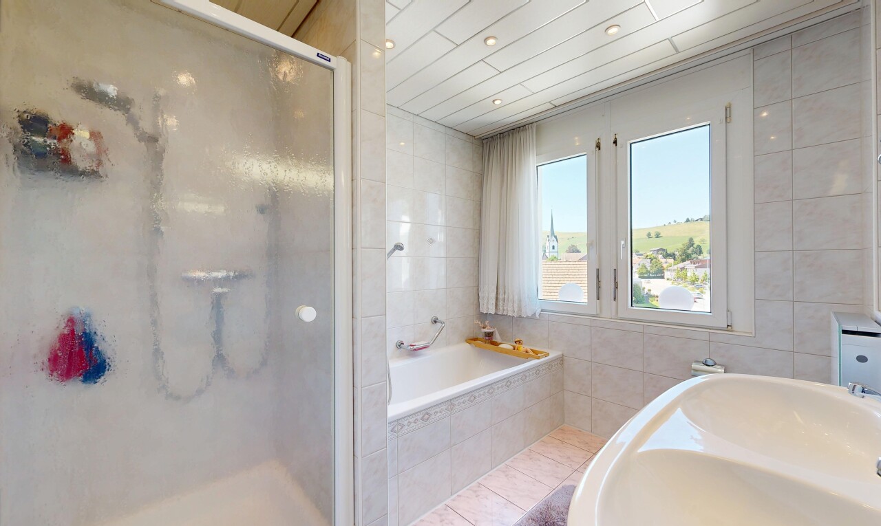 bathroom featuring a stall shower, tile walls, a garden tub, recessed lighting, and light tile patterned floors