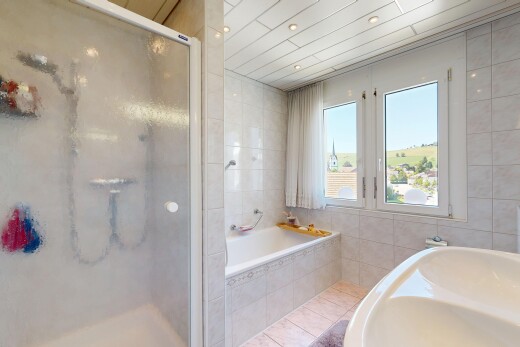 bathroom featuring a stall shower, tile walls, a garden tub, recessed lighting, and light tile patterned floors