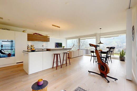 küche mit schränke mit flachen paneelen, flat panel cabinets, light floor, natürliches licht, und natural light