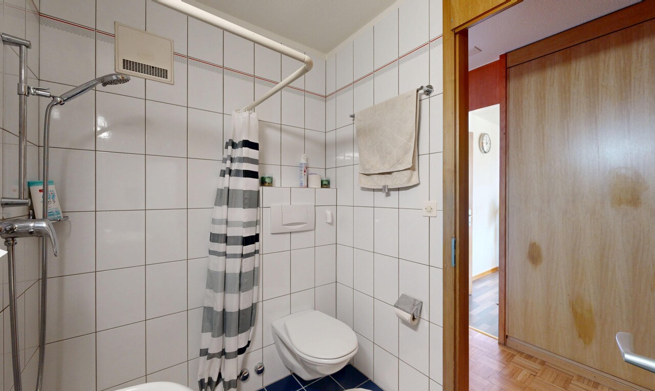 bad mit dusche, komplettes badezimmer, tile wall, fliesenwand, und inside property