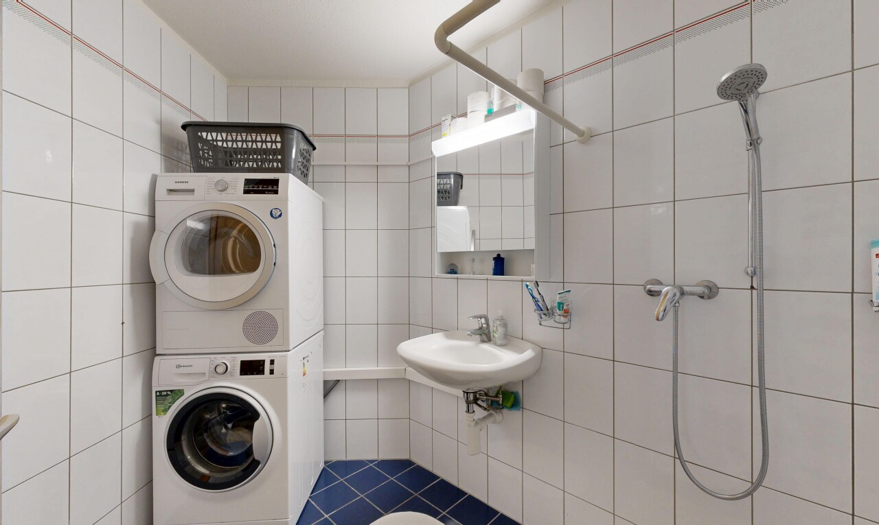 wäschekammer mit tile wall, fliesenwand, waschturm, waschbecken, und wäscherei