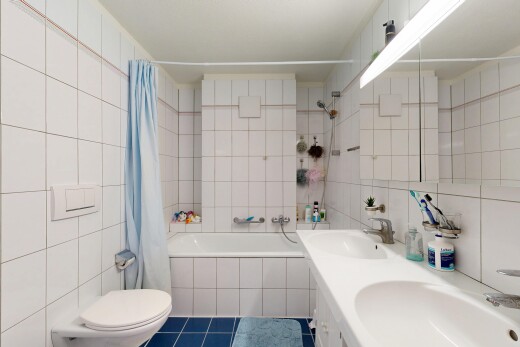 bad mit tile wall, fliesenwand, kombiniertes bad / dusche, komplettes badezimmer, und tile floor