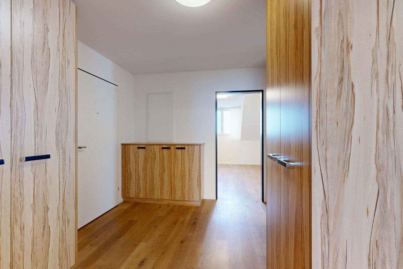 couloir avec sol en finition bois, wood finish floor, inside property, cloison sèche, et drywall