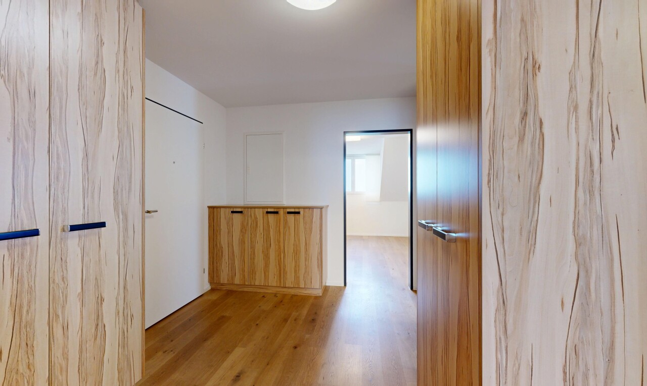 couloir avec sol en finition bois, wood finish floor, inside property, cloison sèche, et drywall