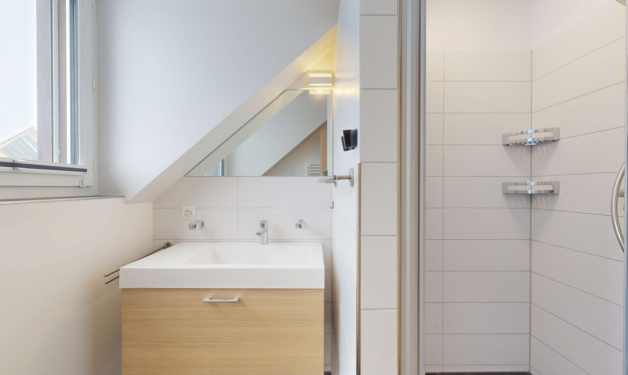 salle de bains avec lavabo (ou coiffeuse selon le contexte), inside property, miroir, douche, et salle de bain complète