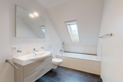 salle de bains avec puits de lumière, miroir, lavabo (ou coiffeuse selon le contexte), salle de bain complète, et bain